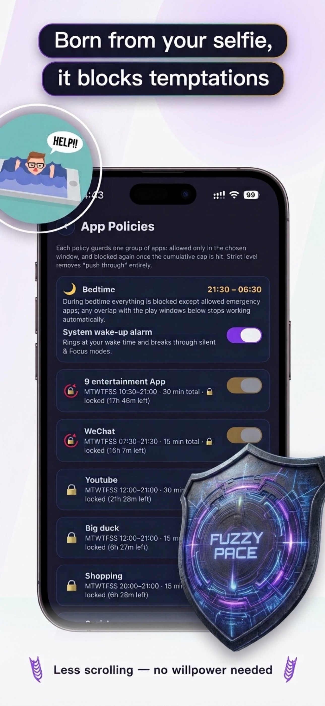 App Policies: bedtime 21:30–06:30, entertainment and social apps with daily caps