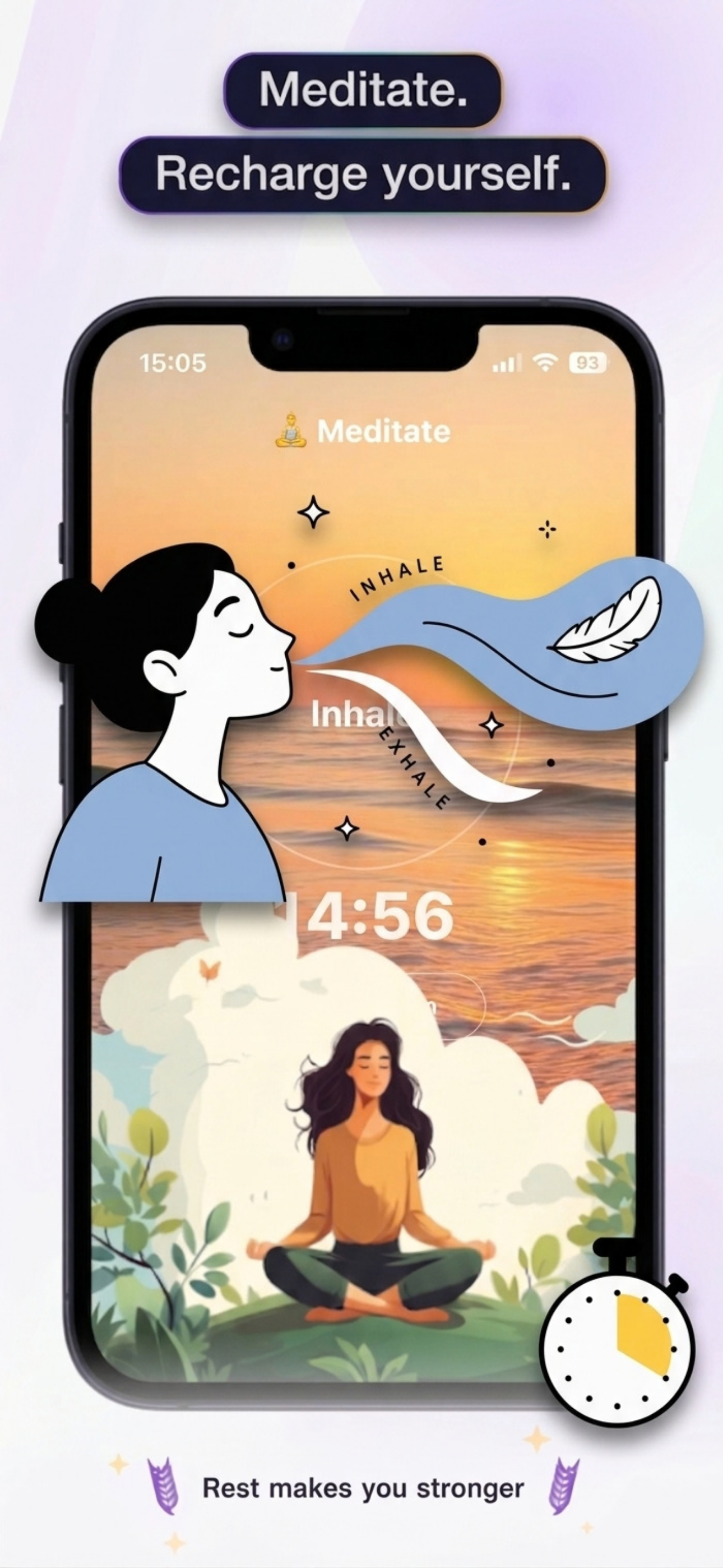 Meditation scene: guided breathing over a beach sunset